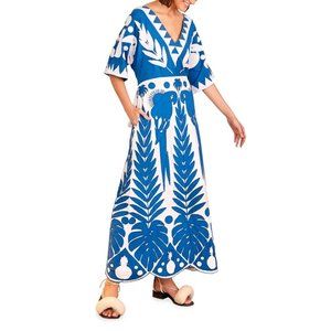 FARM Rio Blue and White Maxi Dress with Tropical Print
